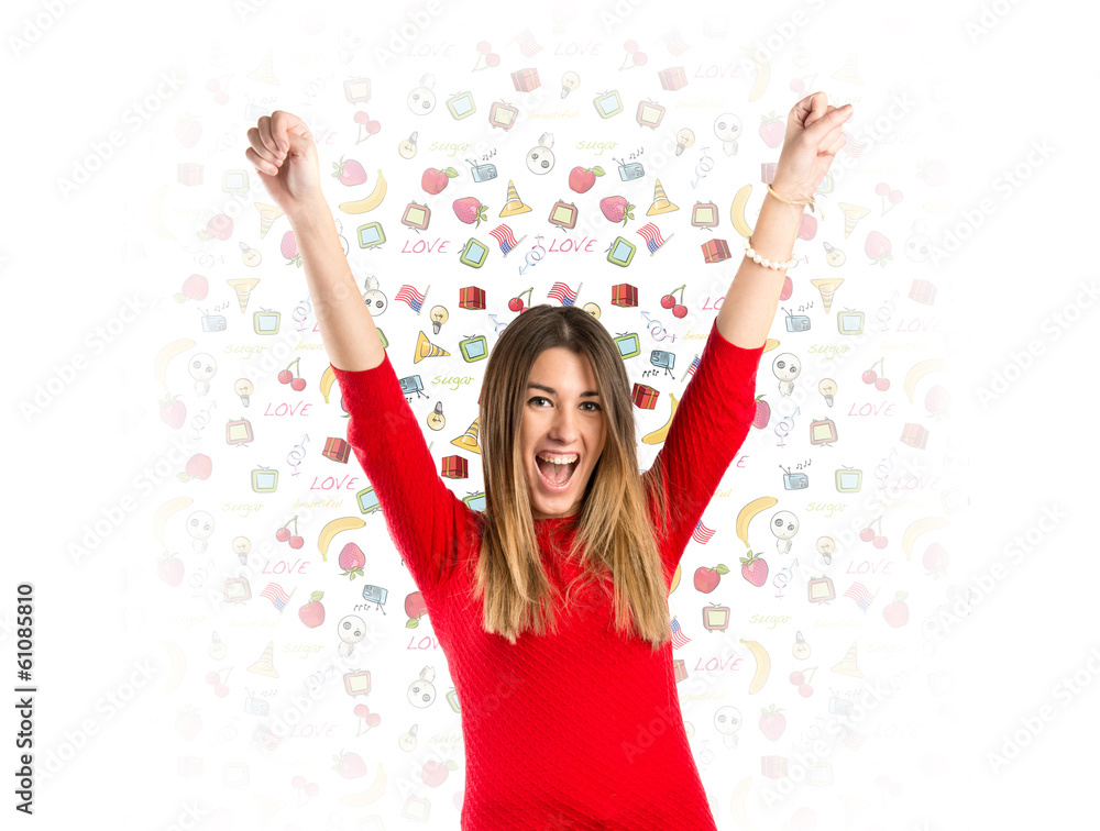Young woman winner over background with cute icons Young woman winner over background with cute icons