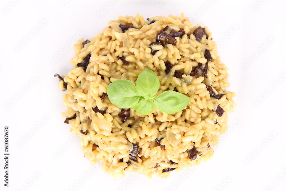 Risotto with mushrooms on a plate decorated with basil Risotto with mushrooms on a plate decorated with basil