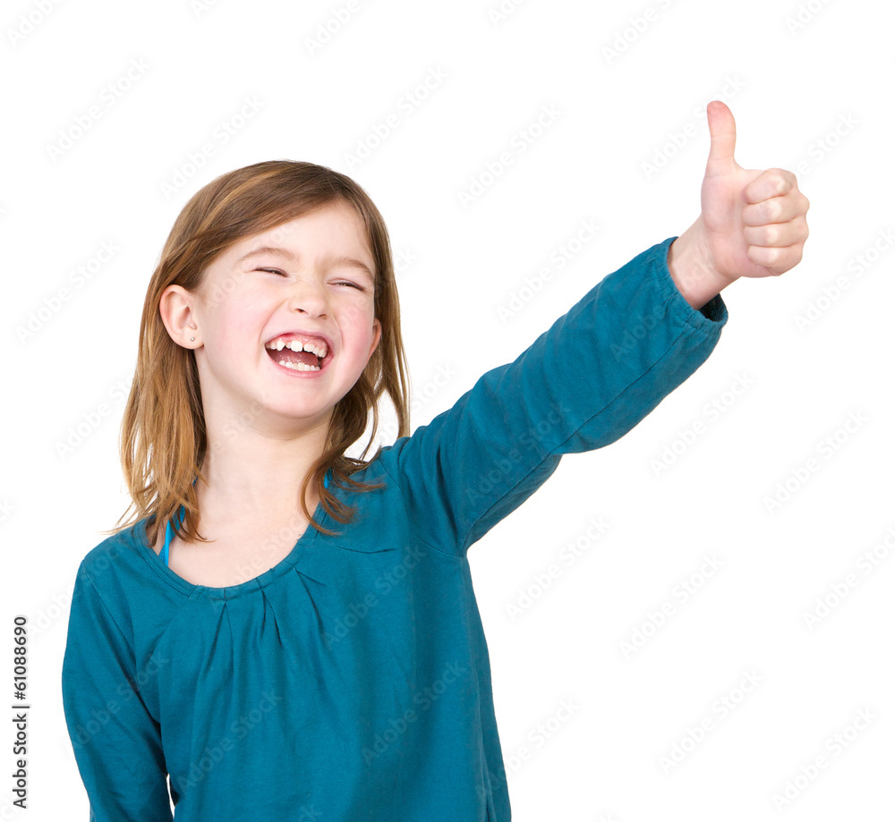 Portrait of a young girl laughing with thumbs up Portrait of a young girl laughing with thumbs up