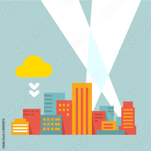 flat style modern city city ​​in the bright rays of light