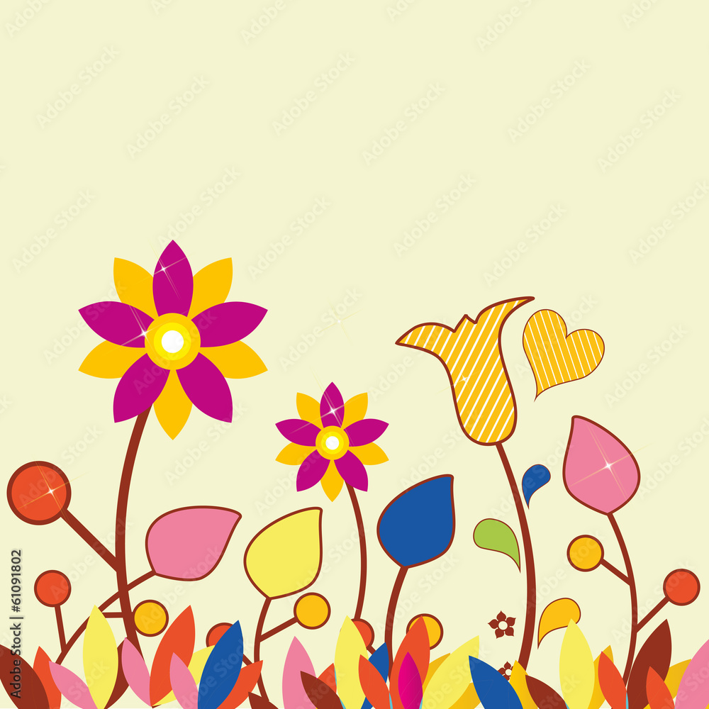 colored flowers and some grass in yellow background