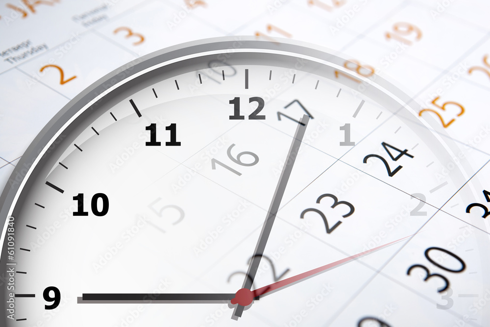 sheet of a calendar with the number of days and clock sheet of a calendar with the number of days and clock