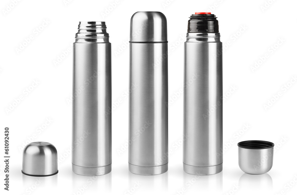 Set of thermoses in silver metallic case on white background Set of thermoses in silver metallic case on white background