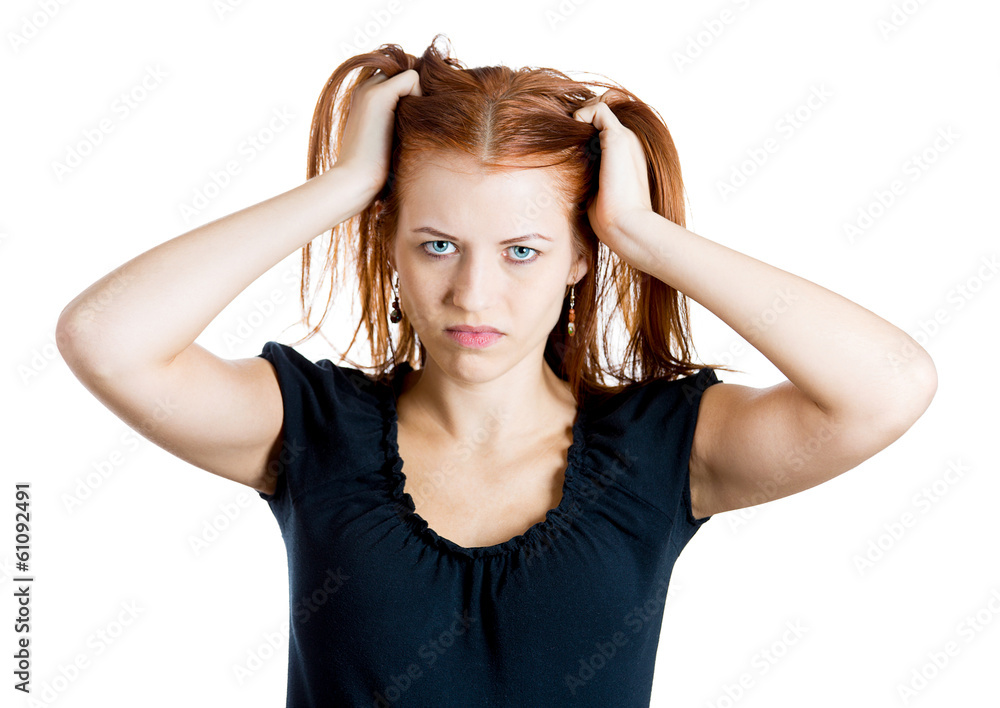 Stressed woman pulling out her hair