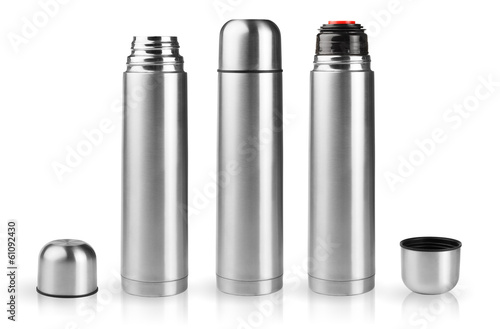 Set of thermoses in silver metallic case on white background
