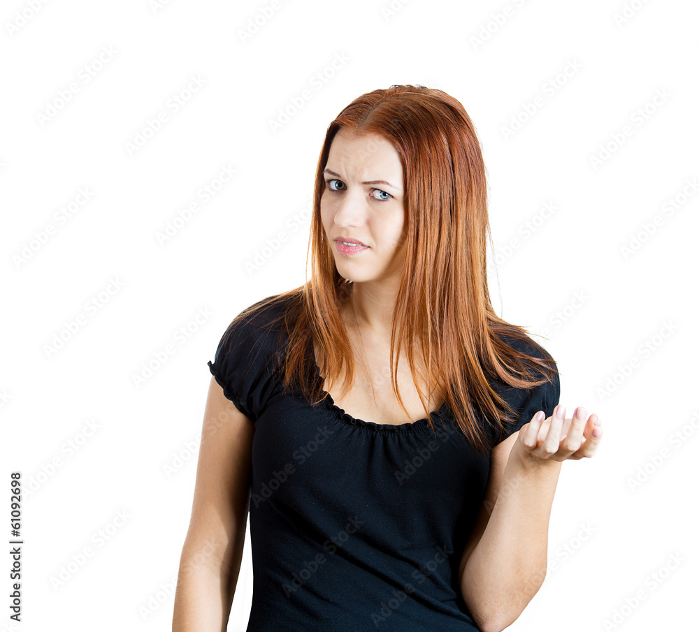Angry unhappy woman shrugs shoulders, asking so what Angry unhappy woman shrugs shoulders, asking so what