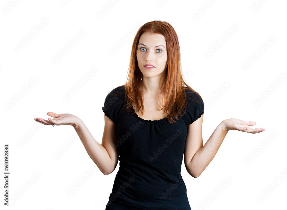 Angry unhappy woman shrugs shoulders, asking so what Angry unhappy woman shrugs shoulders, asking so what