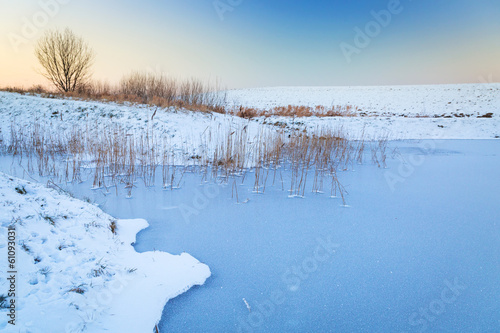 Winter sunset over frozen pond in Poland photo