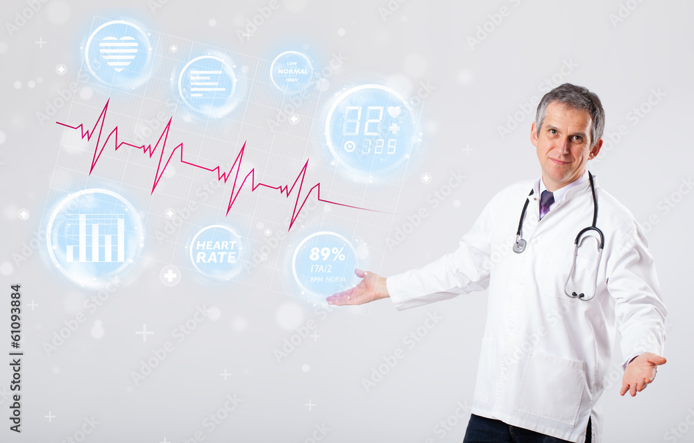 Doctor examinating modern heartbeat graphics Doctor examinating modern heartbeat graphics
