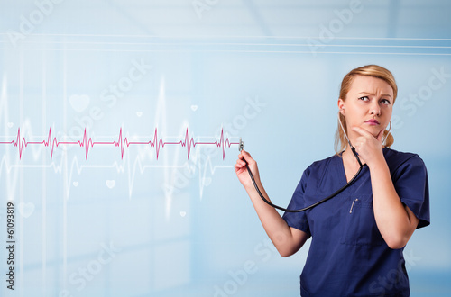 Pretty medical doktor listening to red pulse and heart rates