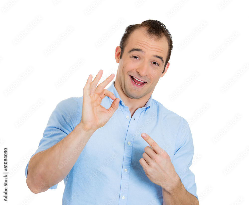 Portrait funny looking man showing ok sign on white background Stock Photo  | Adobe Stock