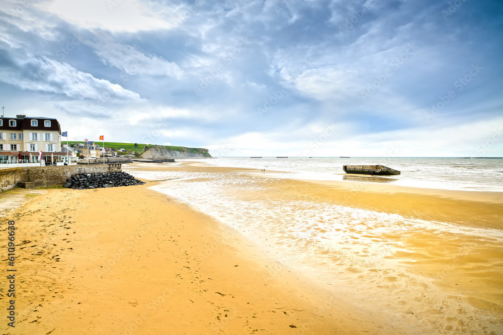 Arromanches les Bains, Normandy, France. seafront beach and rema