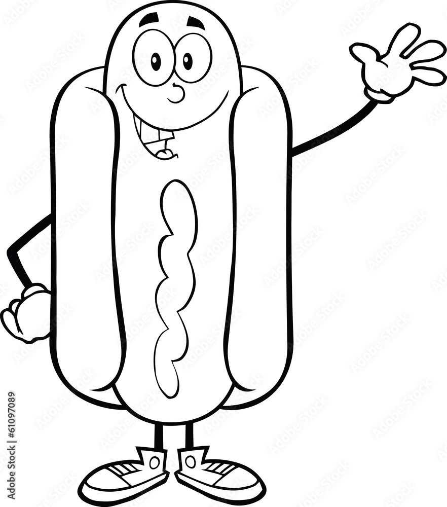Black And White Happy Hot Dog Cartoon Mascot Character Waving Black And White Happy Hot Dog Cartoon Mascot Character Waving