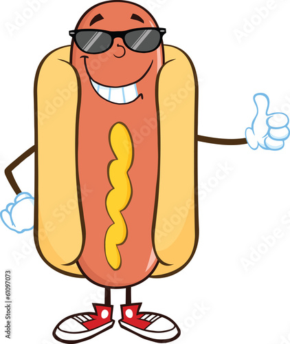 Smiling Hot Dog Character With Sunglasses Showing A Thumb Up