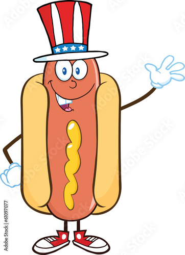 Hot Dog Character With American Patriotic Hat Waving