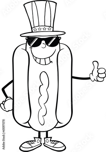 Outlined Hot Dog With Sunglasses And Patriotic Hat
