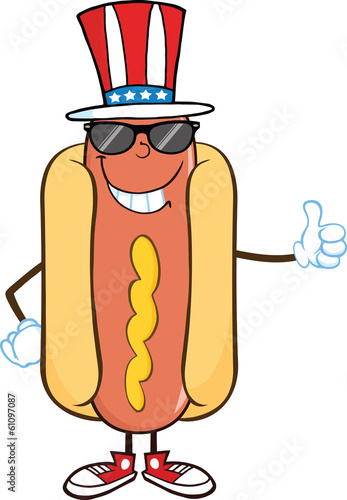 Hot Dog With Sunglasses And Patriotic Hat Showing A Thumb Up