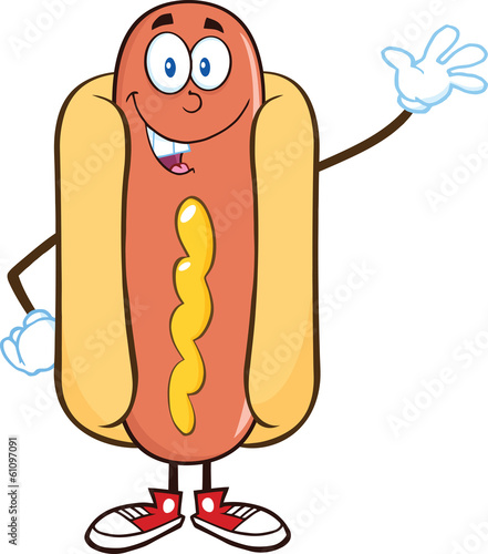Happy Hot Dog Cartoon Mascot Character Waving