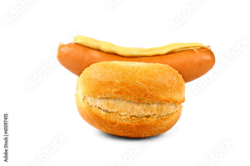 German sausage with bun and mustard