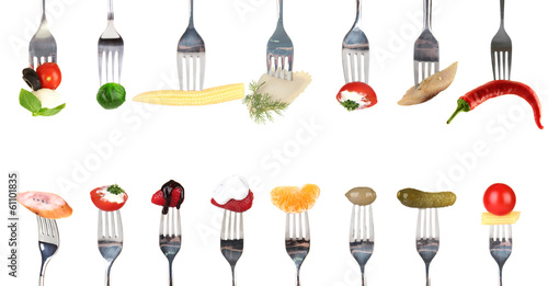 Collage of food on forks isolated on white