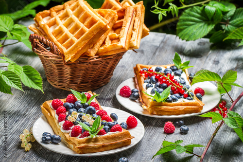 Fresh berry fruit on waffels photo