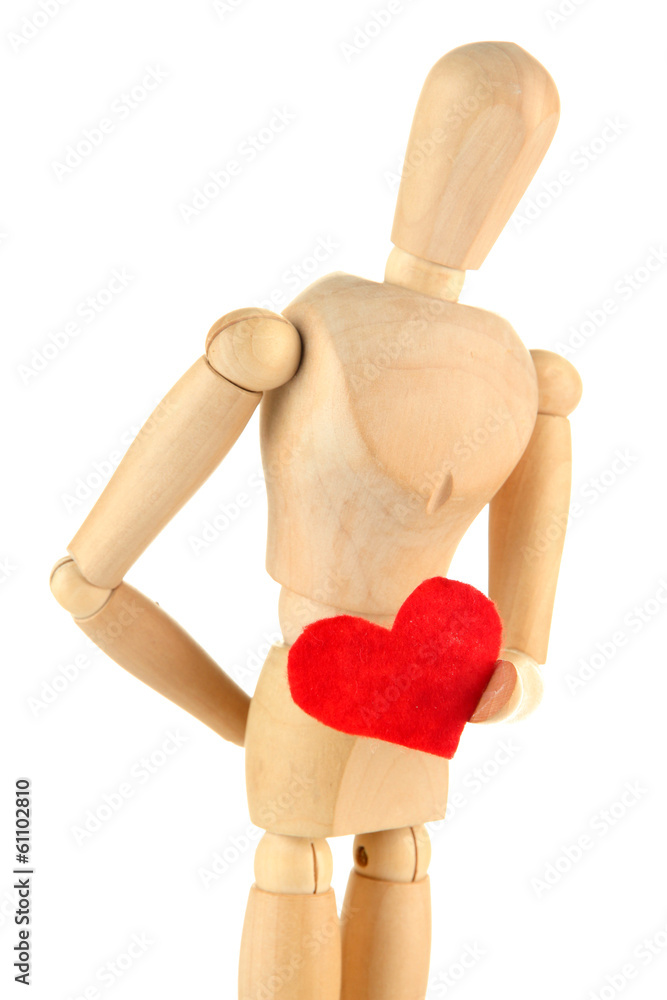 Wooden mannequin holding red heart isolated on white Wooden mannequin holding red heart isolated on white