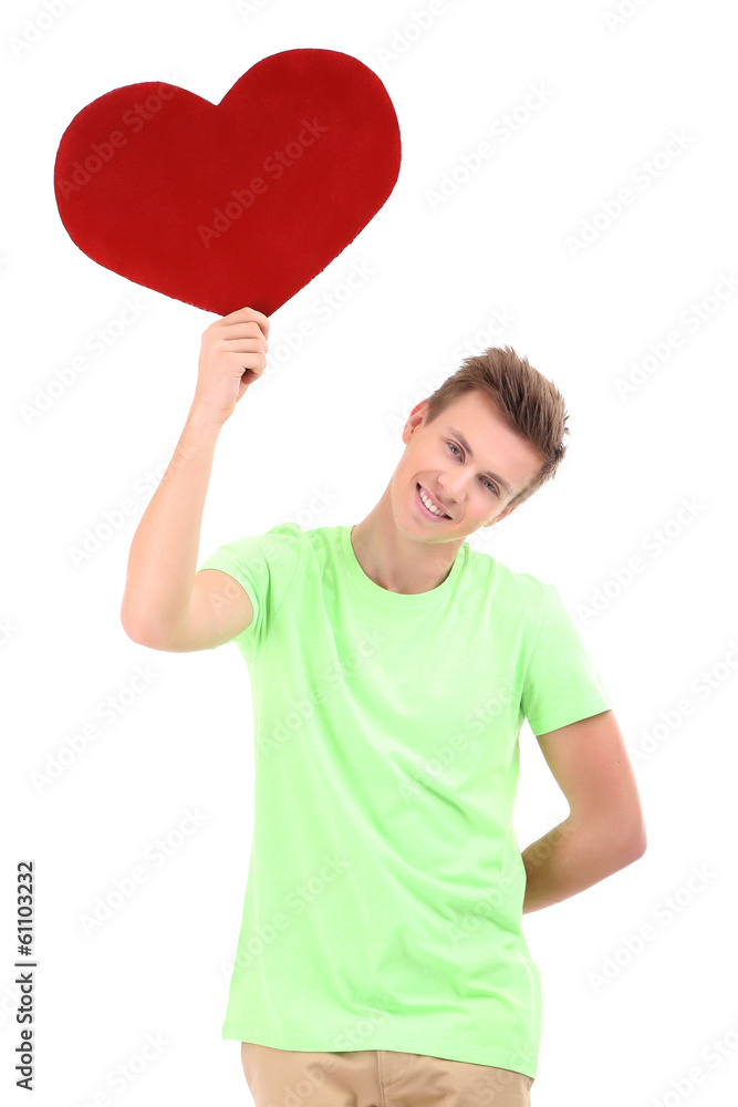 Handsome young man with big red heart, isolated on white Handsome young man with big red heart, isolated on white