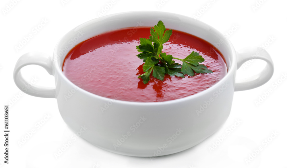 Tasty tomato soup, isolated on white Tasty tomato soup, isolated on white