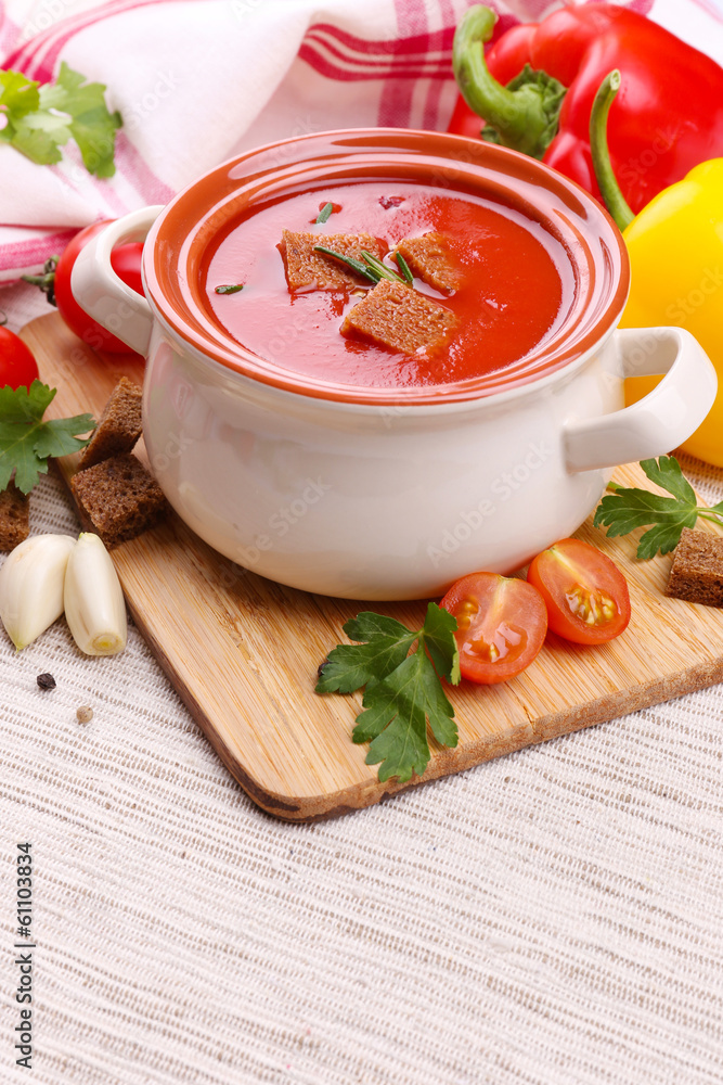 Tasty tomato soup and vegetables, close up Tasty tomato soup and vegetables, close up