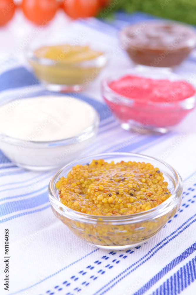 Various sauces on table close-up