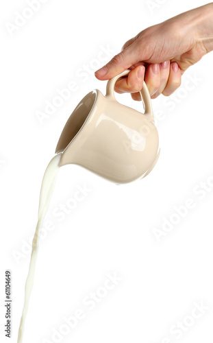 Pouring milk from pitcher, isolated on white