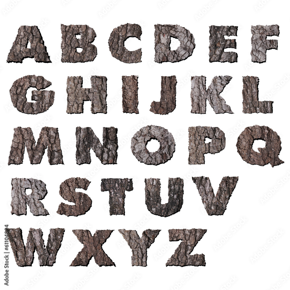 Oak wood bark alphabet upper case