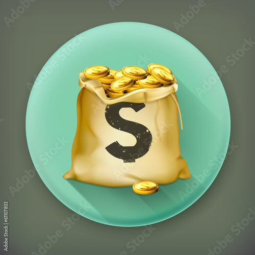 Bag of gold, long shadow vector icon