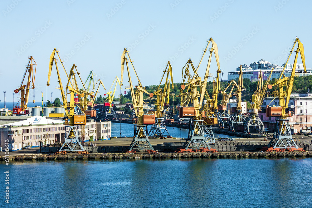 Port cranes in container terminal in Odessa sea port, Ukraine.