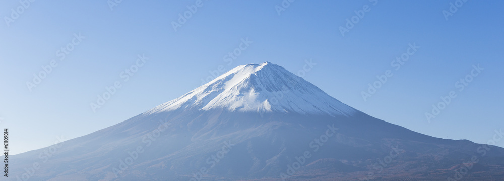 Naklejka premium Panorama of Mt. Fuji view from Kawaguchi-ko lake. Yamanashi. Jap