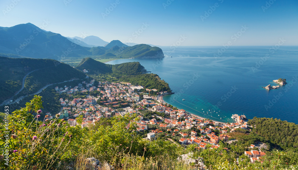 Adriatic Sea Coast. Landscape of Petrovac town, Montenegro - obrazy, fototapety, plakaty 