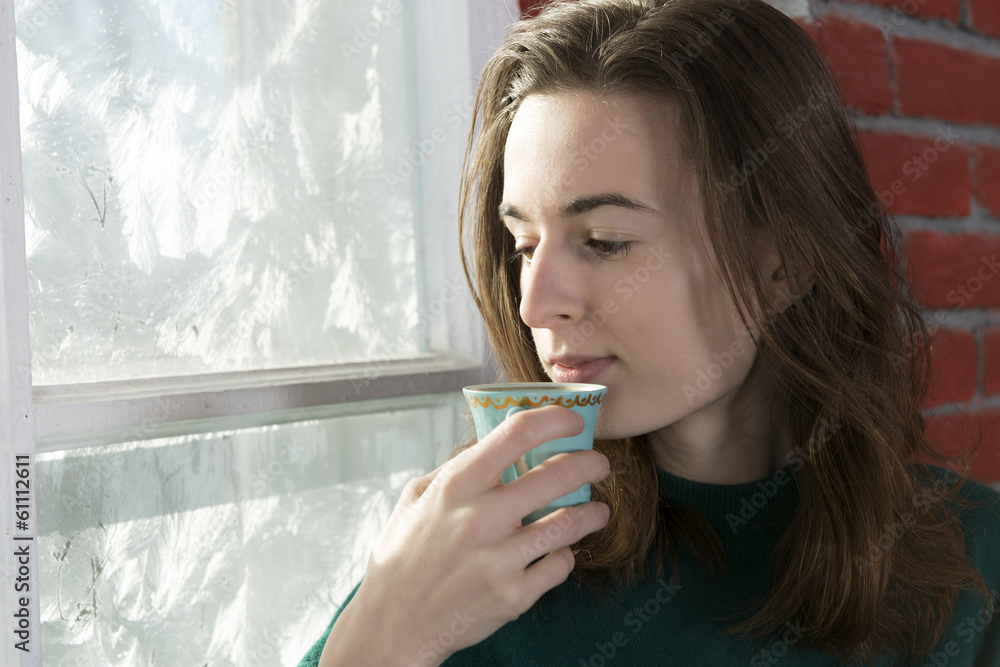 Young woman at the winter window