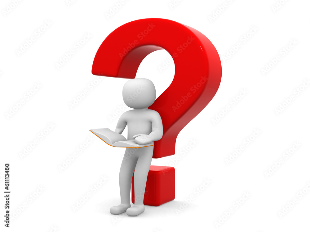 3d man with red question mark over white background. 3d man with red question mark over white background.