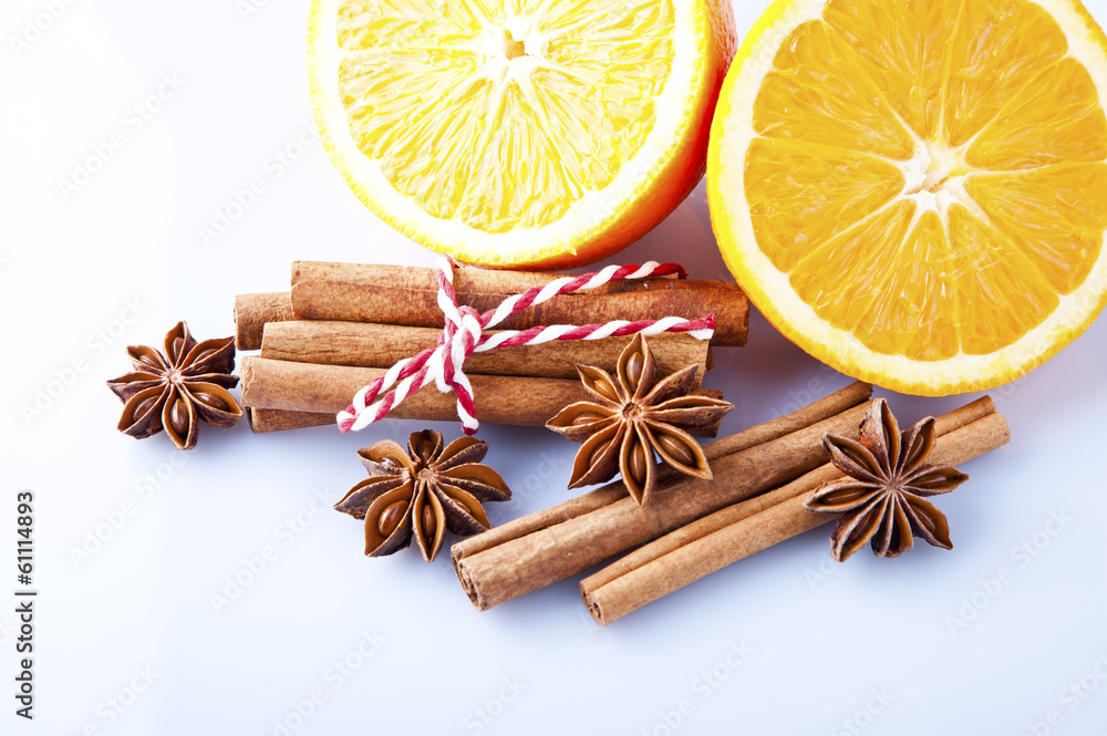 Cinnamon sticks, star anise and orange cuts Cinnamon sticks, star anise and orange cuts