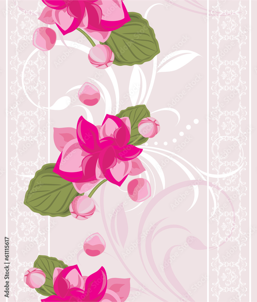 Fototapeta premium Ornamental background with white lace and pink flowers