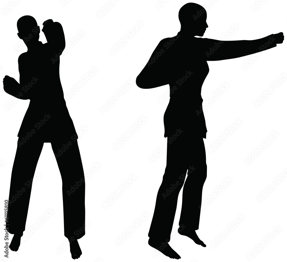 silhouettes of men and women in fist fight karate poses