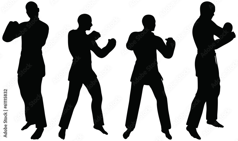 silhouettes of men and women in fist fight karate poses