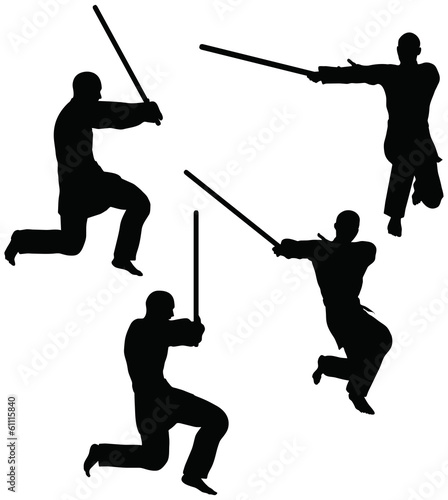 silhouettes of men and women in sword fight karate poses