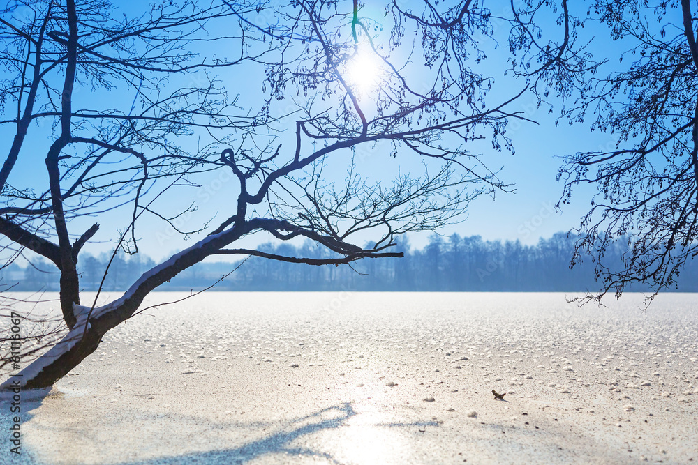 Fototapeta premium Winter scenery of frozen lake in Poland