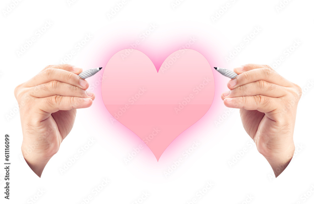 2 hands 2 pens draw pink heart isolate white background 2 hands 2 pens draw pink heart isolate white background