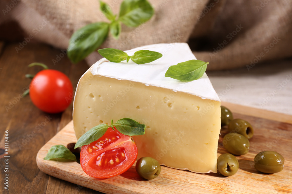 Tasty Camembert cheese with tomatoes, olives and basil, Tasty Camembert cheese with tomatoes, olives and basil,