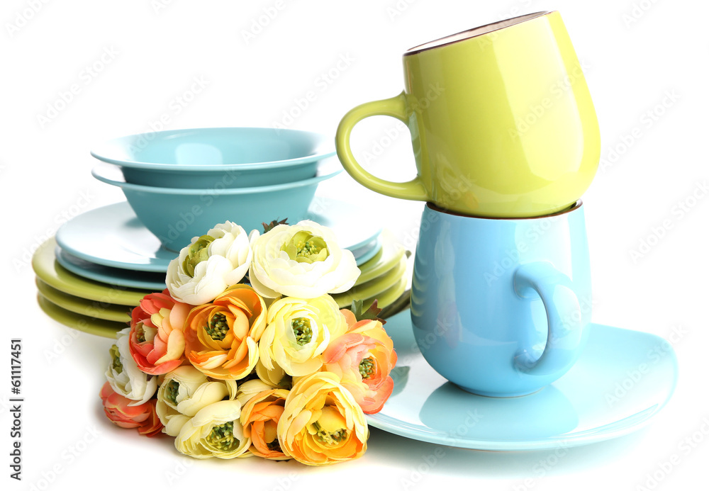 Clean colorful tableware isolated on white Clean colorful tableware isolated on white