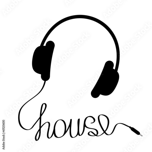 Black headphones with cord in shape of word house. Music card.