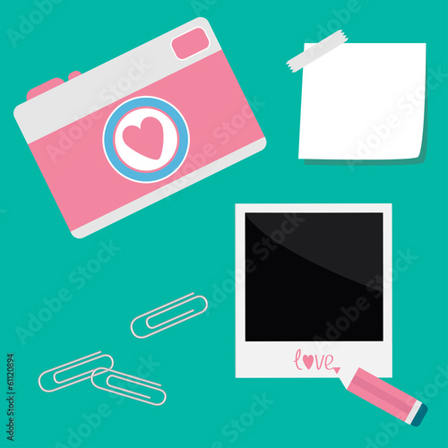 Instant photo, sticker  with  tape, paperclips, pencil and camer
