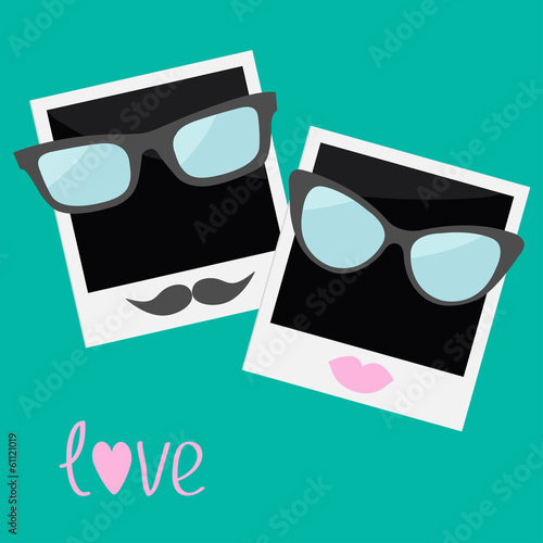 Two Instant photos with lips, moustache and glasses. Flat design